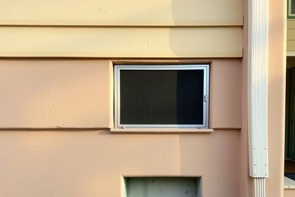 Base of an older stucco house on a raised foundation with a screened crawlspace vent in the short wall above the concrete foundation