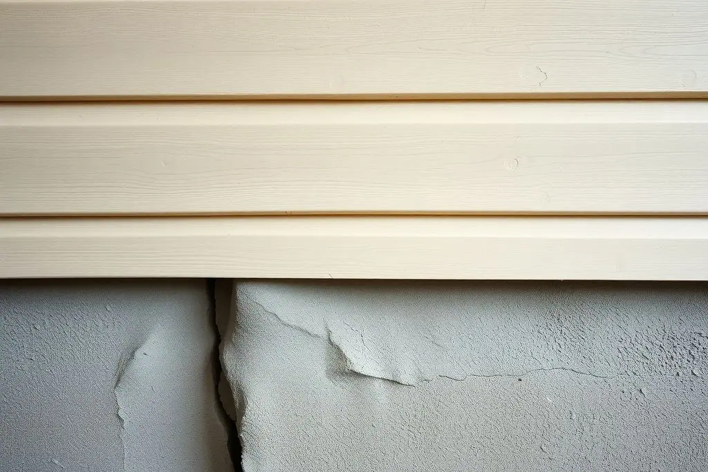Long diagonal crack running through an old grey concrete foundation wall at the base of a wood-sided house