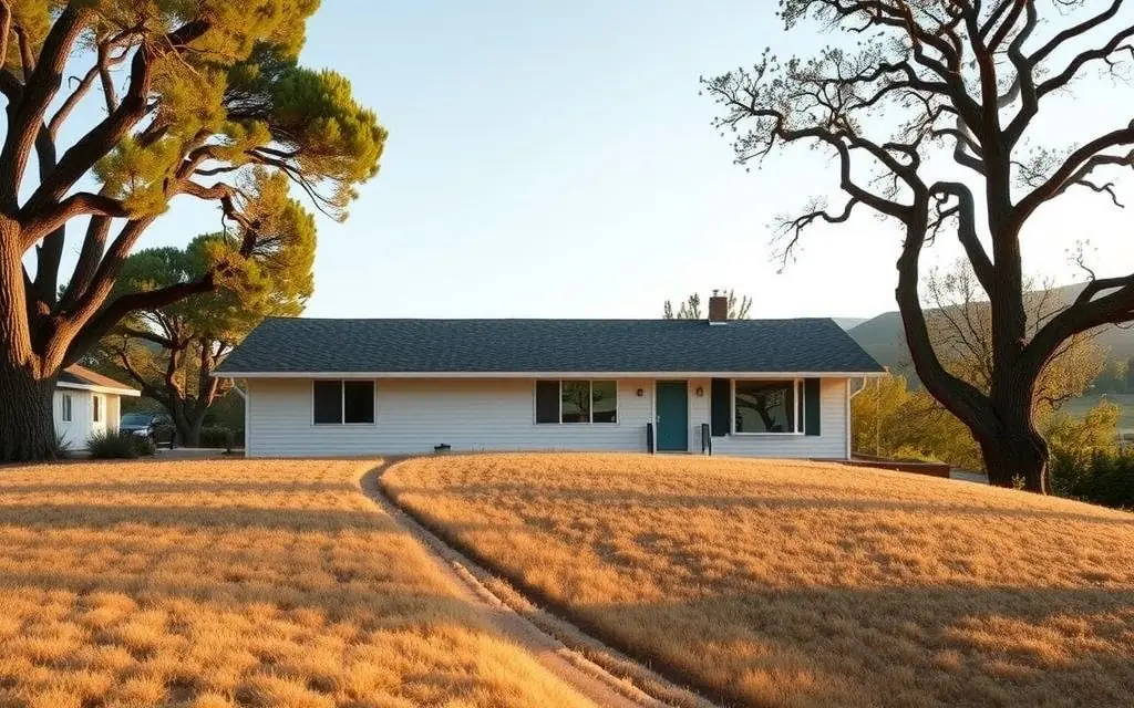 Single-story 1960s ranch house on an oak-covered hillside with a low concrete foundation wall and crawlspace vent, golden grass and foothills behind