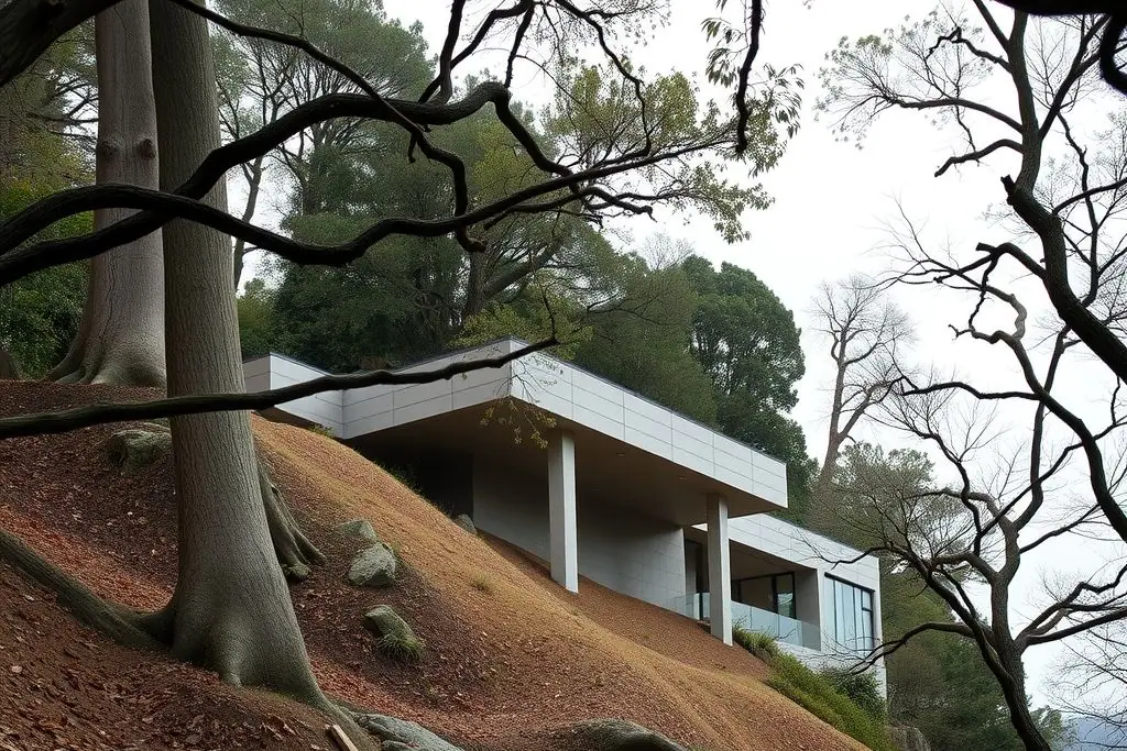 Modern house on a steep wooded slope supported by tall concrete piers under its downhill side