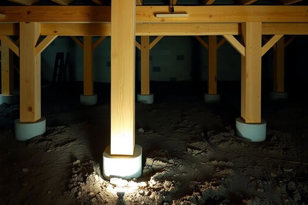 Crawlspace with new wooden posts on fresh concrete pier footings supporting a heavy wood girder