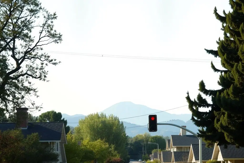 Quiet residential street of 1950s and 1960s single-story ranch homes with mature trees and Mount Diablo in the distance